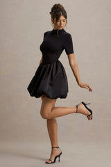 Blake | Black Short-Sleeve Mini Dress With Satin Puffball Skirt