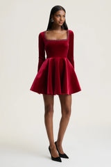 Beloved | Red Velvet Hand-Embellished Square-Neck Mini Dress