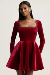 Beloved | Red Velvet Hand-Embellished Square-Neck Mini Dress