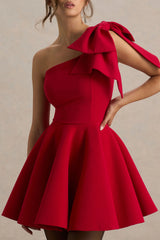 Prosperity | Red Asymmetric-Neck Mini Dress With Bow Detail