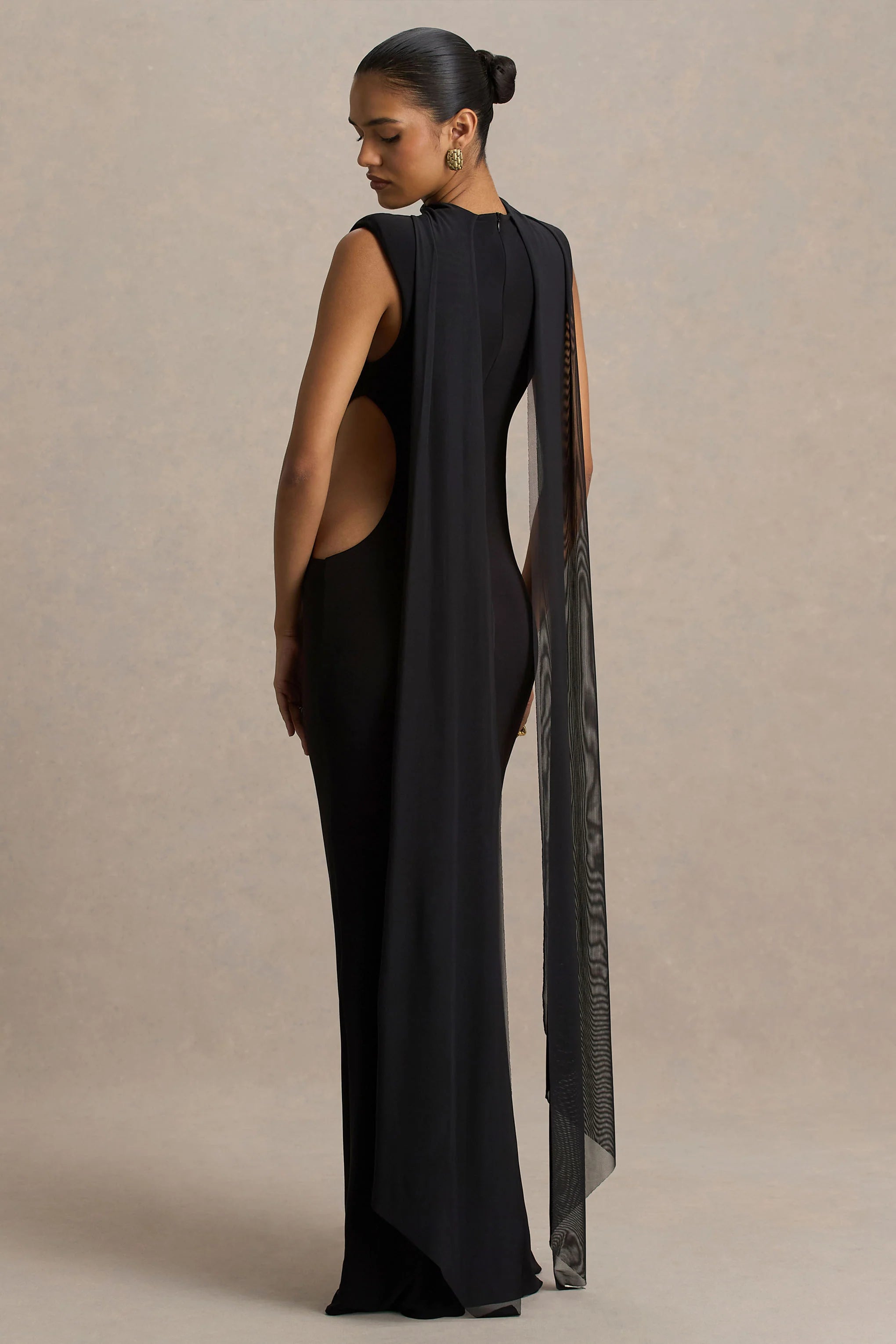 Katara | Black High-Neck Maxi Dress With Body Cut-Out Details