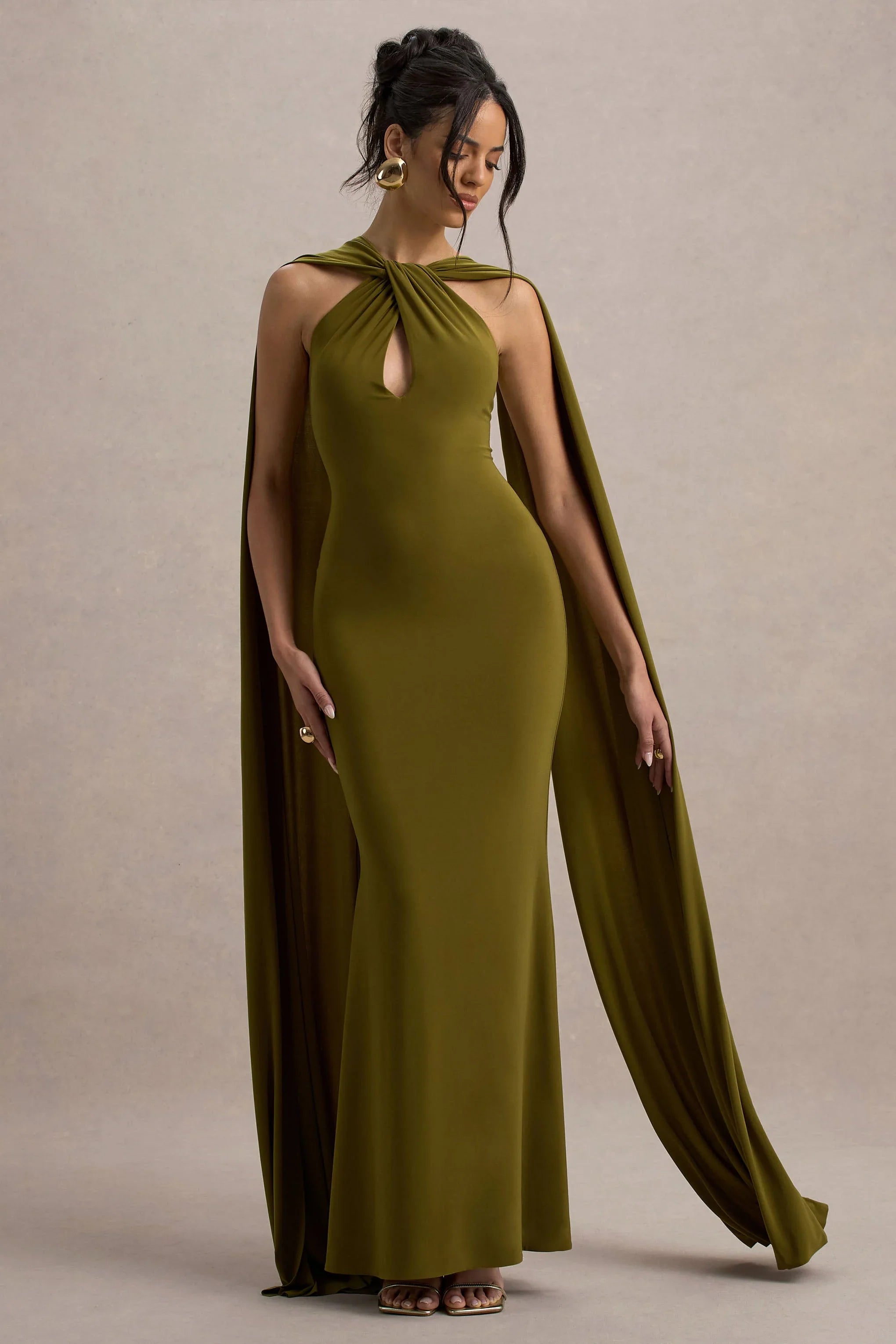 Rhoda | Green Twist Halter-Neck Cape Maxi Dress