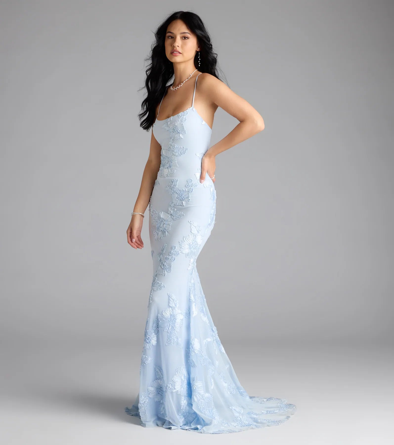 Gabi Lace-Up Floral Trim Mermaid Formal Dress