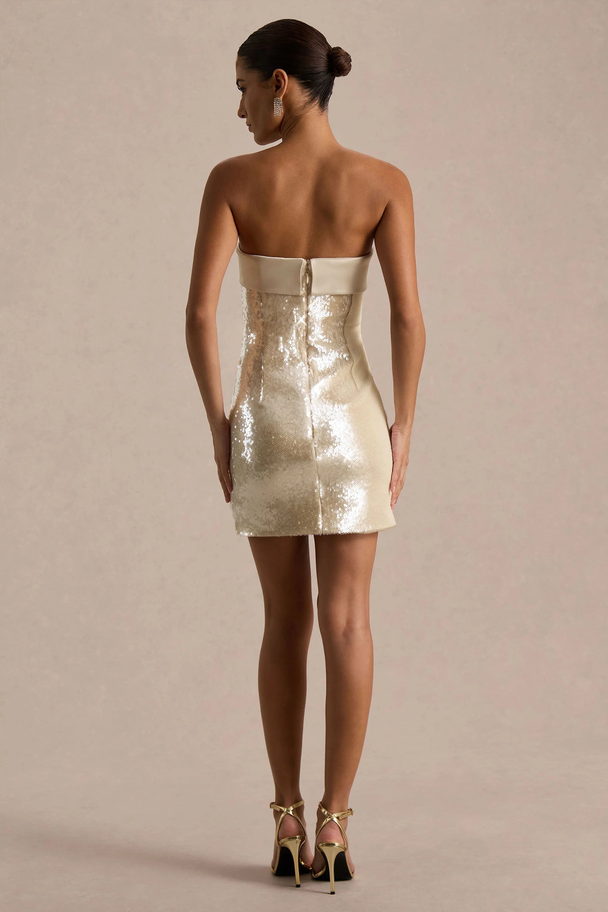 Casandra | Champagne Sequin Bandeau Mini Dress With Satin Trim