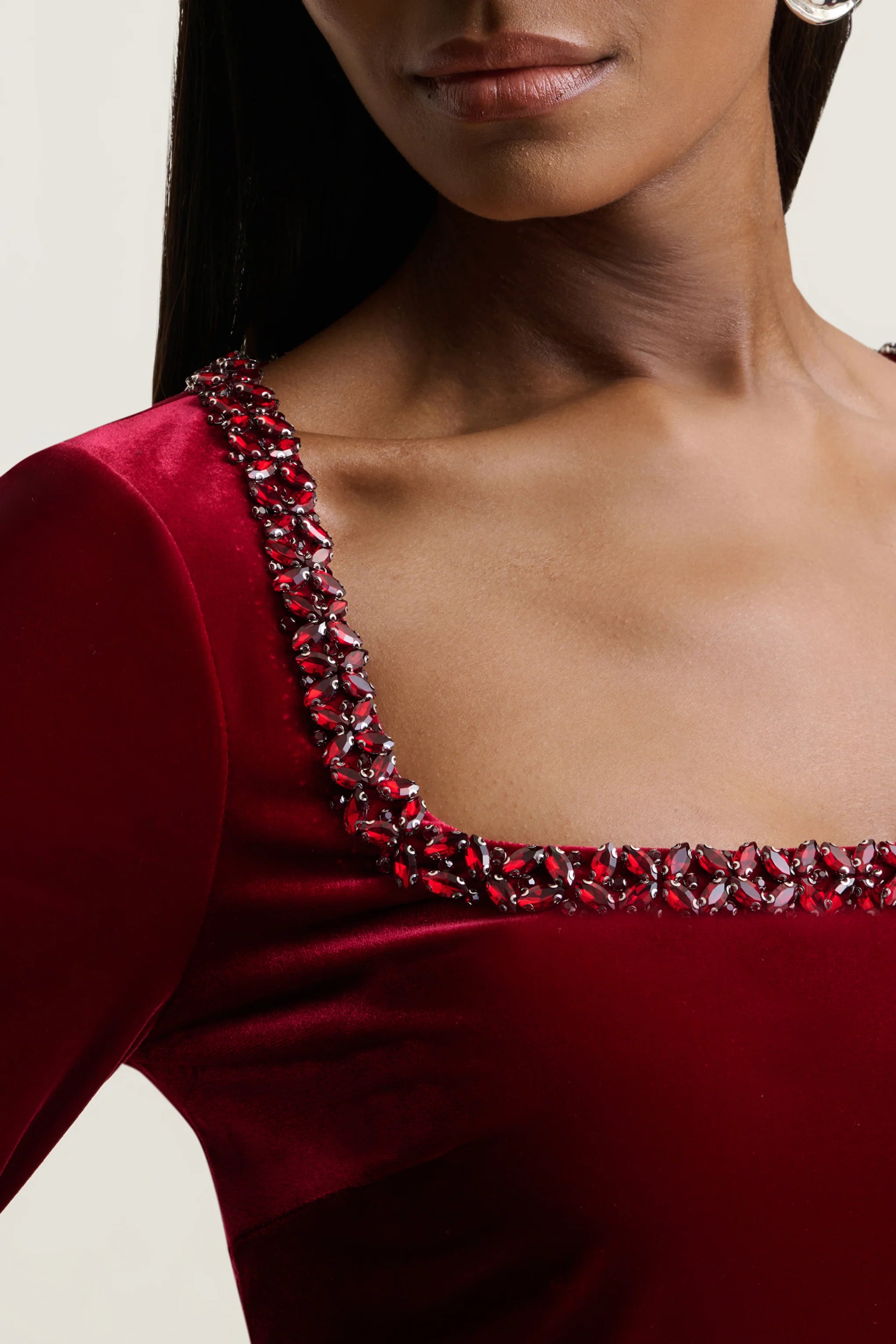 Beloved | Red Velvet Hand-Embellished Square-Neck Mini Dress